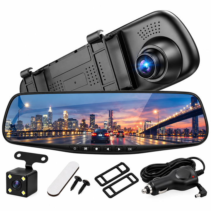 Oglinda retrovizoare auto, Zola, camera fata-spate, Full HD 1080P, 12-24 V, ecran TFT HD 4.3", unghi 170°, G-Sensor, mod parcare, inregistrare in bucla