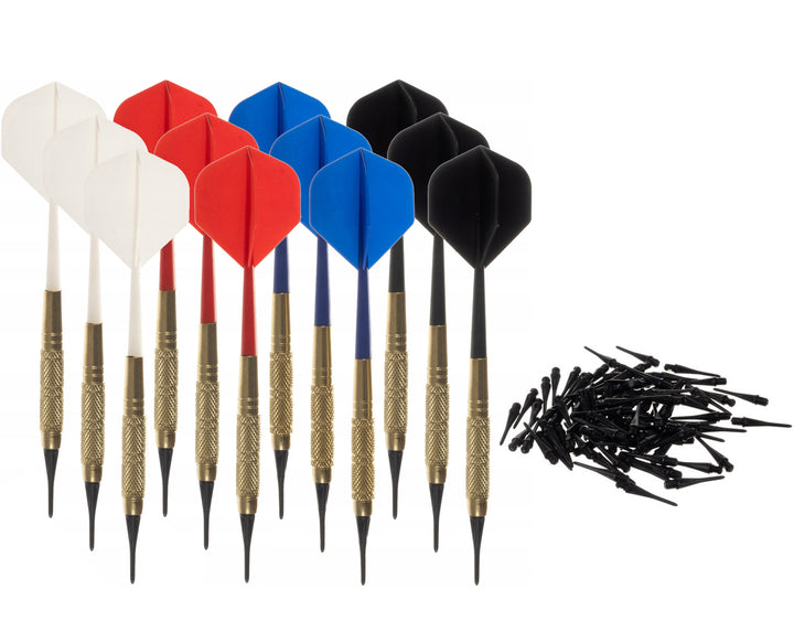 Set 12 sageti de dart cu pene colorate, Zola®, 200 varfuri moi, plastic si metal, 14.5x3.5x3.5 cm