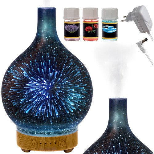Difuzor aromaterapie 3 in 1 cu ultrasunete, Zola, lampa LED RGB si fundal 3D, 12 W, temporizator, rezervor 200 ml, 3 uleiuri incluse, 13 x 24 cm