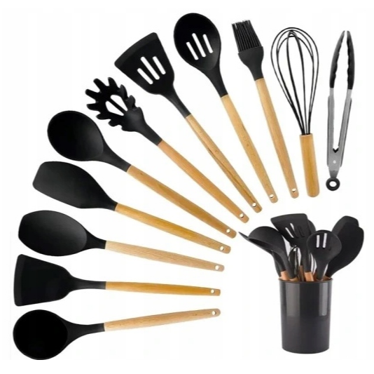 Set 11 ustensile de gatit, Zola, din silicon cu maner rezistent din lemn, rezistente la temperaturi intre -40 si +230 grade, suport de depozitare, negru
