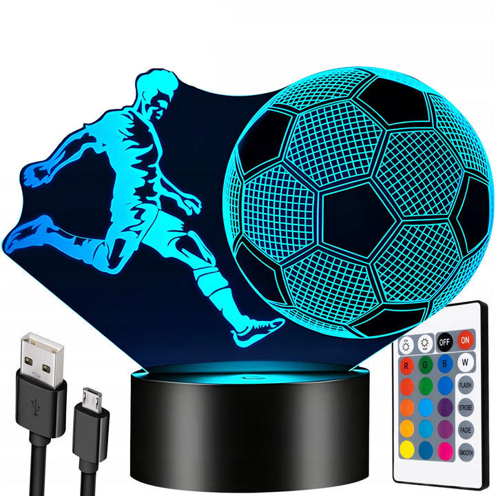 Lampa LED 3D pentru noptiera, Zola, RGB, telecomanda, plastic si acril, fotbalist cu minge, 15 x 18.5 cm