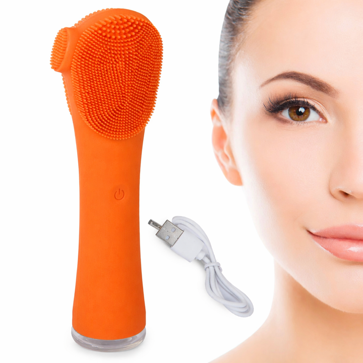 Perie de curatare faciala si masaj, Zola,cu 4 zone diferite, din silicon, portocaliu, incarcare rapida, cablu USB