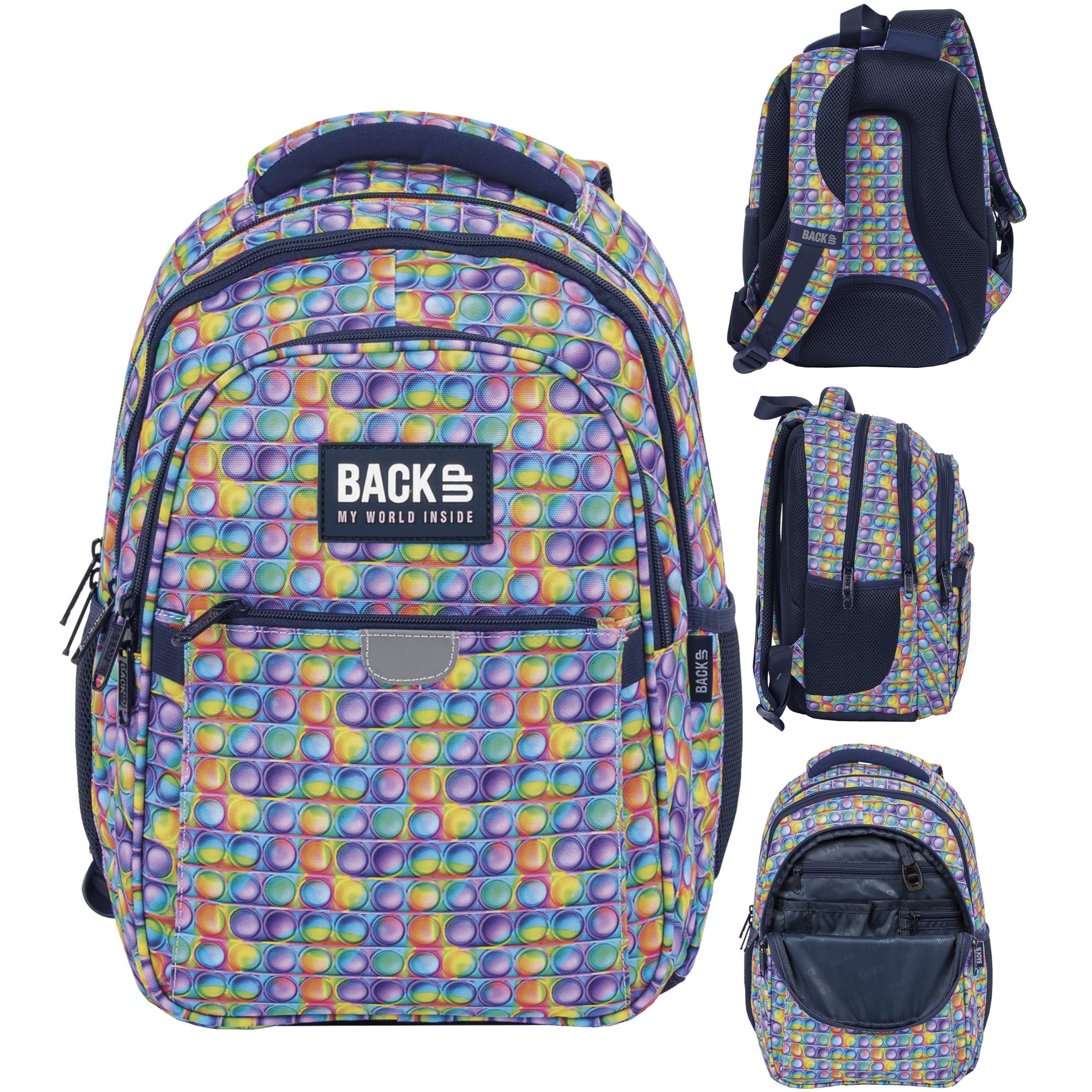 Ghiozdan scolar ergonomic, Zola, compartimente multiple,  39 x 27 x 20 cm, model Pop It, multicolor