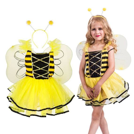 Costum albinuta 3 piese, Zola, 100-110 cm, rochie, aripi, coronita, galben/negru