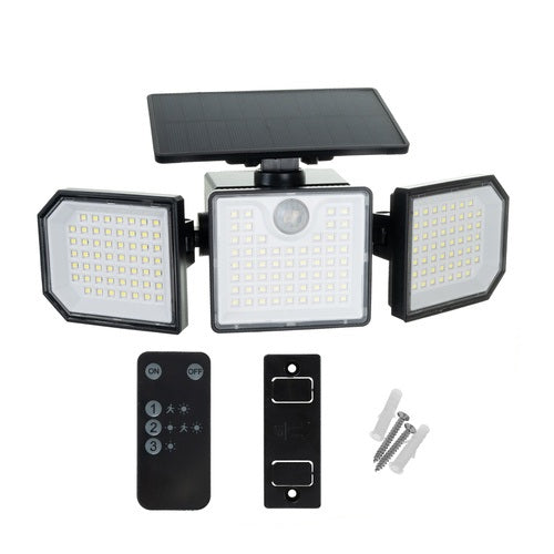 Lampa solara cu 3 panouri, UBX, senzor de miscare, 167 LED, 5 W, 1800 mAh, 500 lm, IP6 5, telecomanda