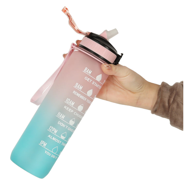 Sticla de apa cu pai, Zola,  sistem de blocare capac, 1000 ml, marcator de timp cu mesaje, fara BPA, maner rezistent, 28.5x7.5cm, crem-albastru