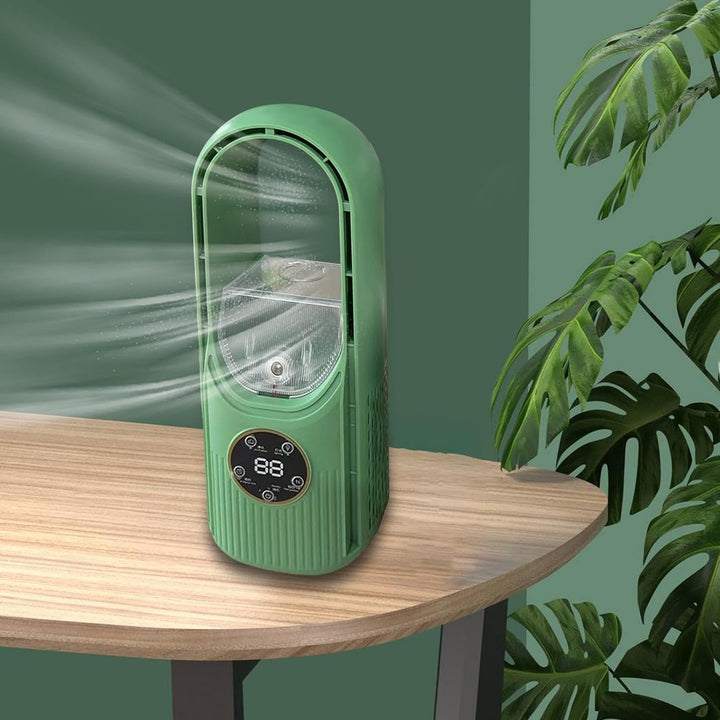 Ventilator pentru racirea aerului, Zola, umidificator de aer silentios si purificator, lumina ambientala, rezervor apa 100 ml, 30x12x11 cm, verde