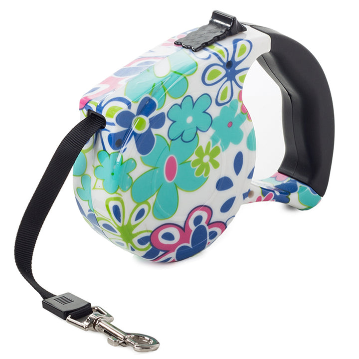 Lesa mecanica pentru caini, Zola®, 5 m, greutate maxima suportata 15 kg, alba cu floricele