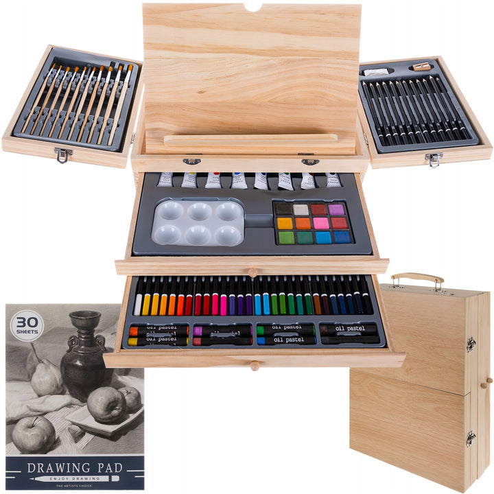 Set pictat si desen, Zola®, gentuta depozitare din lemn, 83 piese, bloc desen, suport coli, 35 x 26.5 x 11 cm