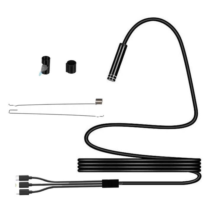 Camera endoscopica cu 6 leduri, Zola®, 2 m, 3 capete incluse, 3 nivele de iluminare, IP 67, microUSB, Lightning si USB-C, rezolutie 1920x1080