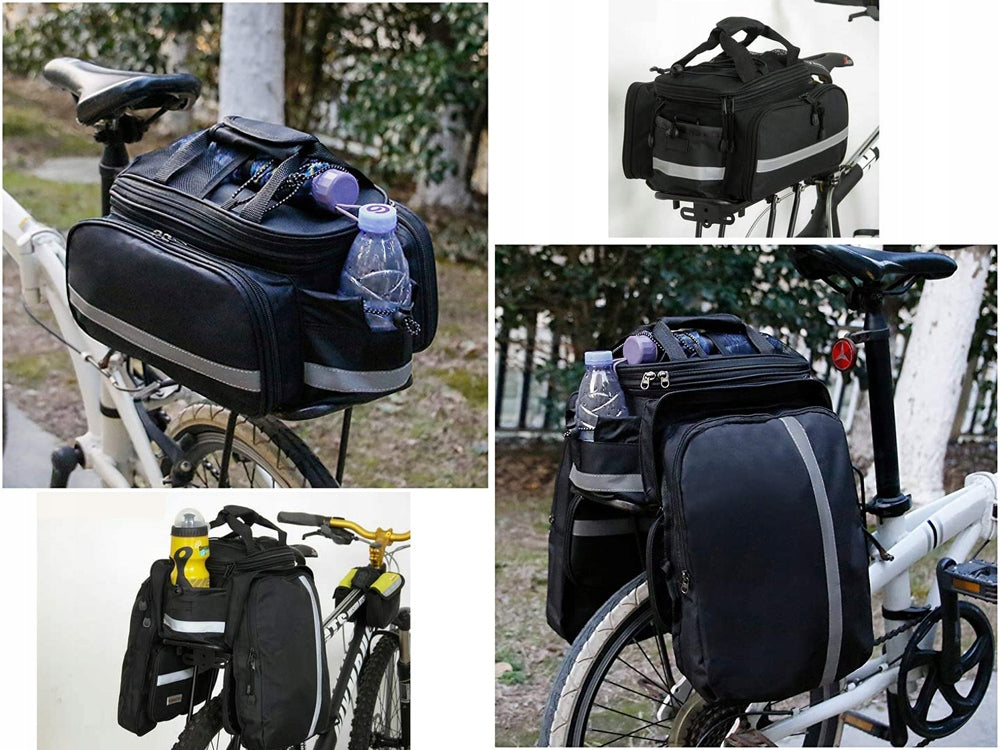 Geanta pentru bicicleta, Zola®, prindere pe portbagaj/Extensie si bretea, neagra cu dungi reflectorizante, bretele reglabile