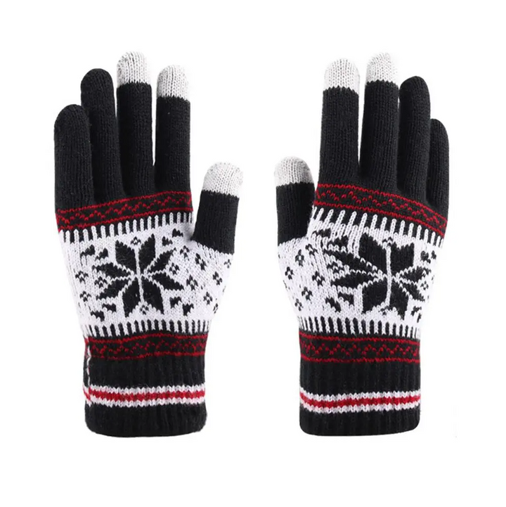 Manusi calduroase de iarna, Zola®, din tricot, unisex, negru/alb,  model cu fulg, 3 degete pentru utilizarea telefonului, marime universala