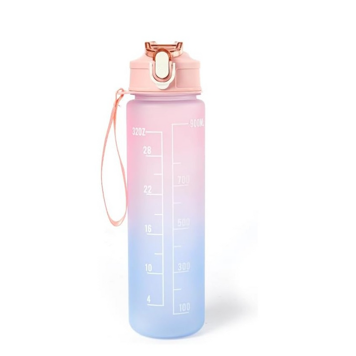 Sticla de apa cu pai, UBX, stikere amuzante, sistem de blocare capac, 1000 ml, marcator de timp cu mesaje, fara BPA, maner rezistent, 25x6.5 cm, roz-albastru