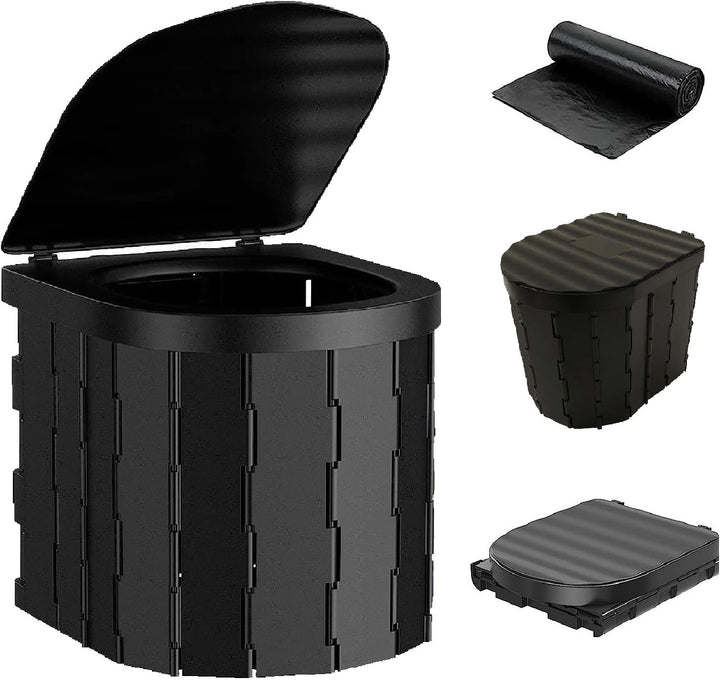 Toaleta portabila pliabila pentru camping, Zola, 12 saci inclusi, plastic rezistent, 33x28x30 cm, neagra