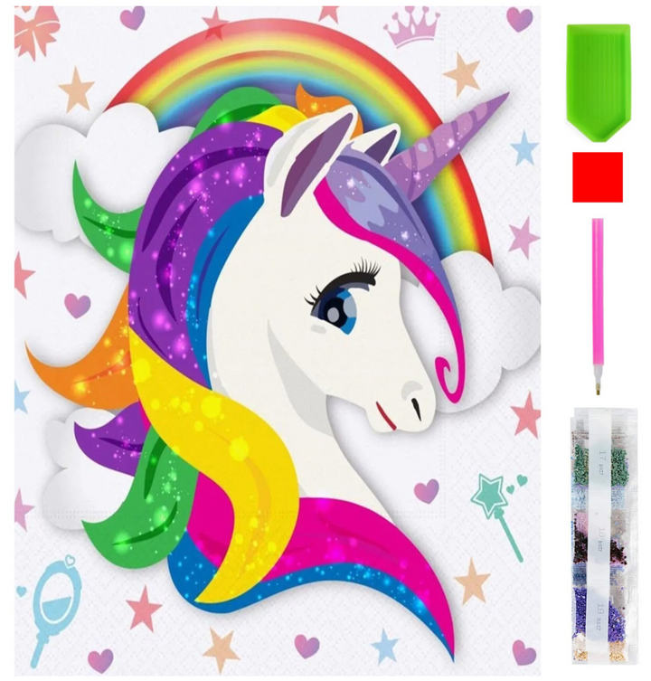 Goblen mozaic cu diamante, Zola, model unicorn si curcubeu, 15 x 20 cm