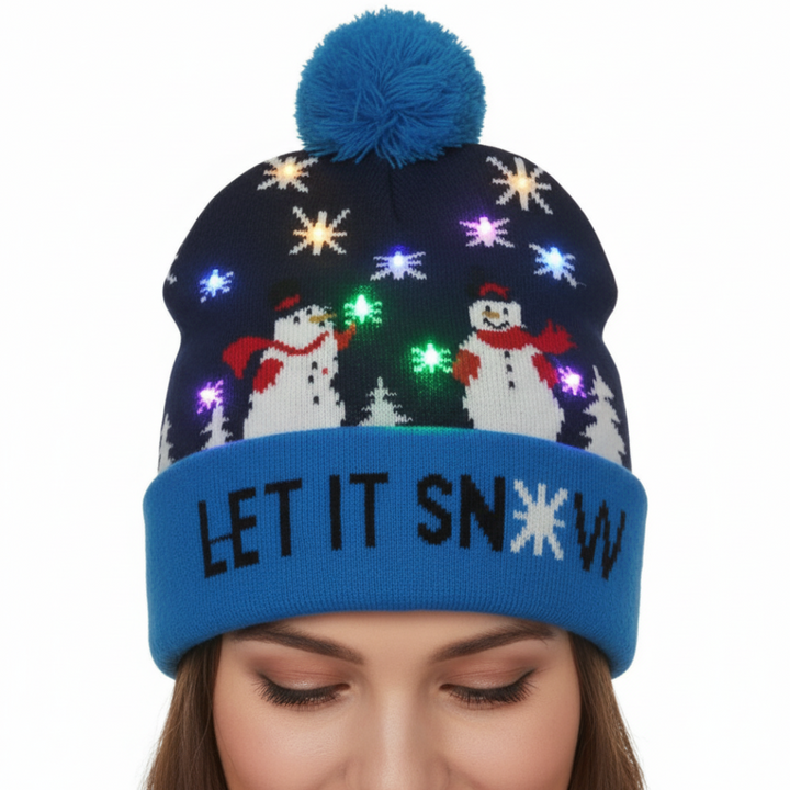 Caciula cu iluminare LED RGB, Zola, model oameni de zapada, 20 x 21 cm, alimentare baterii, albastra