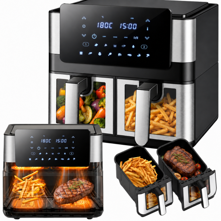 Friteuza Air Fryer cu aer cald, Zola, 8L (2 x 4L), 2000W, 2 compartimente, 12 programe, control touch, afisaj LCD, fereastra vizualizare, iluminare interioara