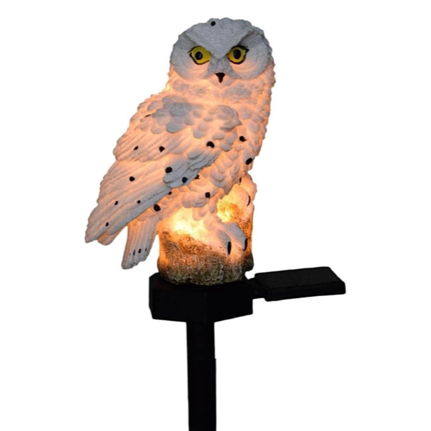 Lampa solara de gradina cu LED, UBX, model bufnita, din plastic, 0.2 W, IP67, comutator ON/OFF, inaltime 43 cm, alb/negru