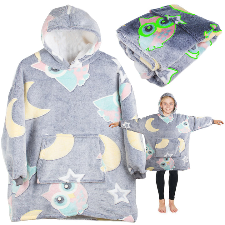 Hanorac patura 2 in 1 cu gluga si buzunar, Zola, bufnite fosforescente, marime universala, interior pufos, 60x75 cm