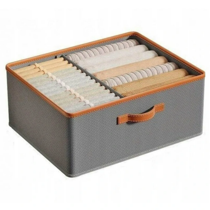 Organizator sertar, Zola, 2 compartimente cu dimensiune reglabila, maner, material textil, ideal pentru haine si lenjerie intima, detalii piele ecologica, 40 x 50 x 20 cm, gri/maro