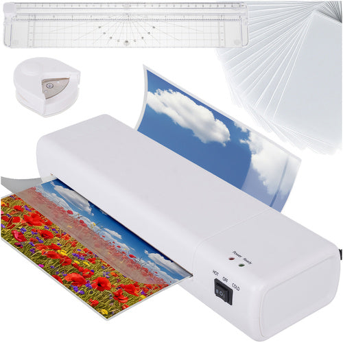 Set laminator si 60 folii, Zola, 500W, 400 mm/min, functionare cald/rece, taiere, rotunjire a colturilor, format A4, compatibil folii 150-250 microni, alb
