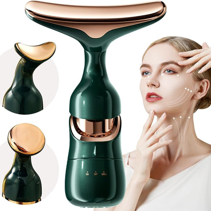 Aparat masaj facial 3 in 1, Zola, 10.000 de vibratii/min, 3 capete interschimbabile, alimentare baterie, 13 × 5 × 4 cm, verde/auriu