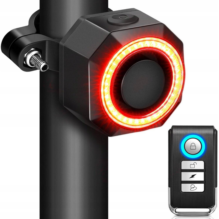 Alarma bicicleta 2 in 1 cu stop LED integrat, Zola, 7 niveluri reglare alarma, 4 moduri de iluminare, activare automata a luminii, IP65, telecomanda, raza actiune telecomanda 10-50 m, neagra