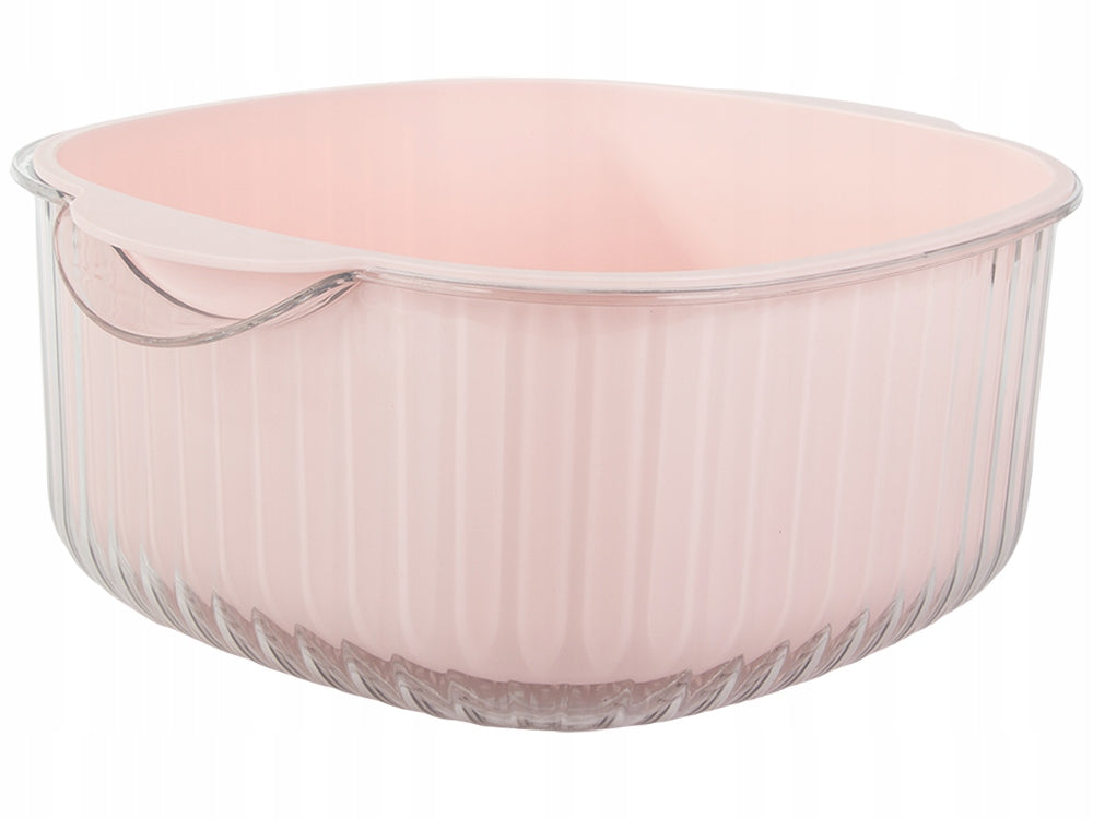 Bol 2 in 1 cu sita pentru spalat fructe si legume, Zola®, cu doua manere, bol transparent, din plastic, 28 x 26 x 12 cm, roz