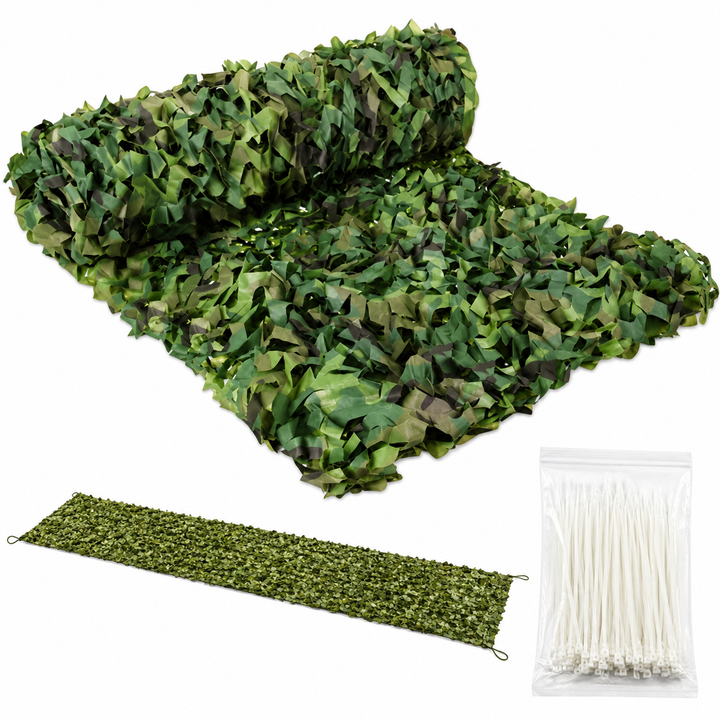 Set plasa camuflaj cu 100 coliere, Zola, pentru umbrire si protectie vizuala, 2 x 5 m, impermeabila, verde