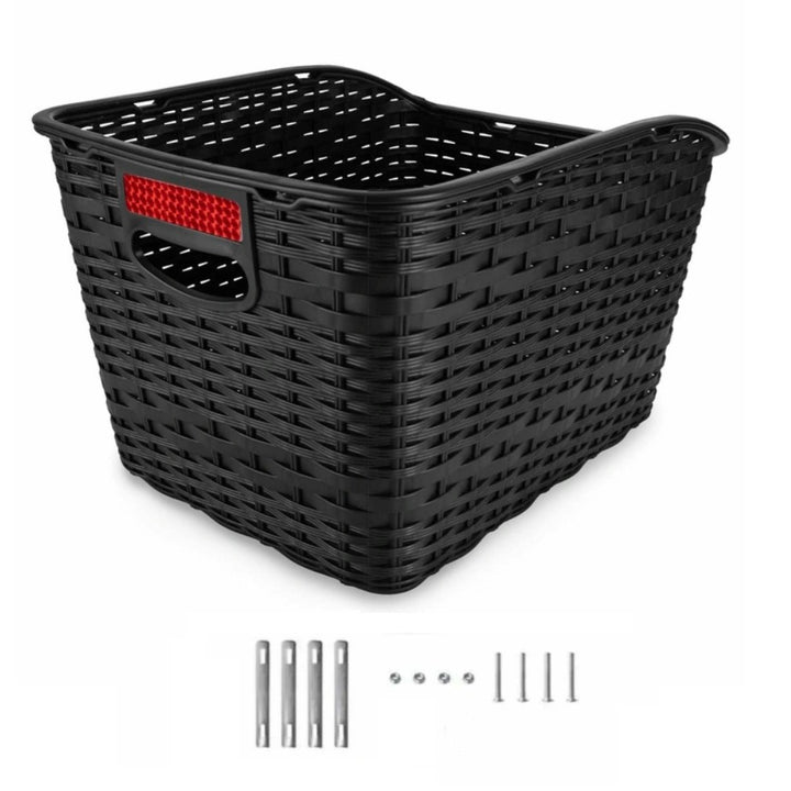 Cos bicicleta cu reflector, Zola, montare pe portbagaj, polipropilena cu aspect de ratan, 39.5 x 28 x 24 cm, cu maner, negru