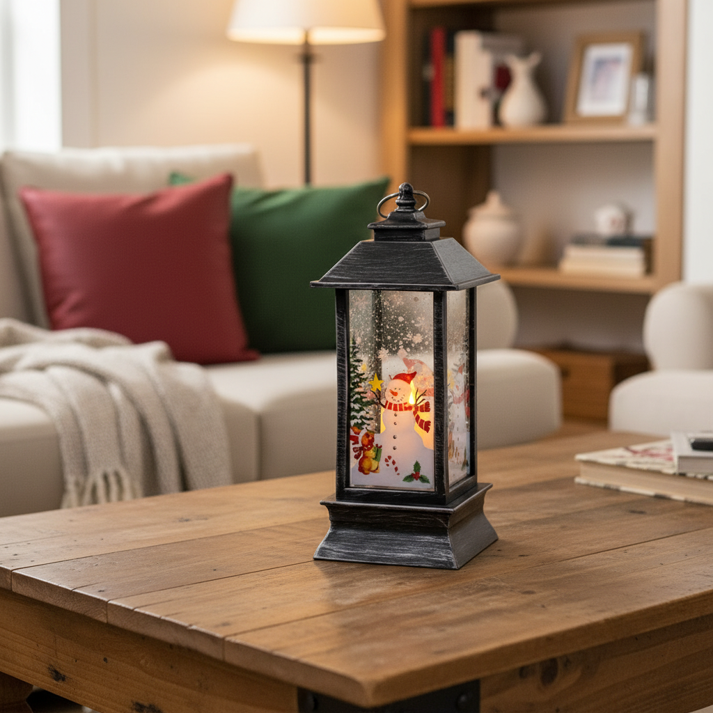 Felinar deorativ de Craciun, Zola, lumina LED calda, Om de zapada, baterie inclusa, 12.5 x 5.3 x 5.3 cm, negru argintiu