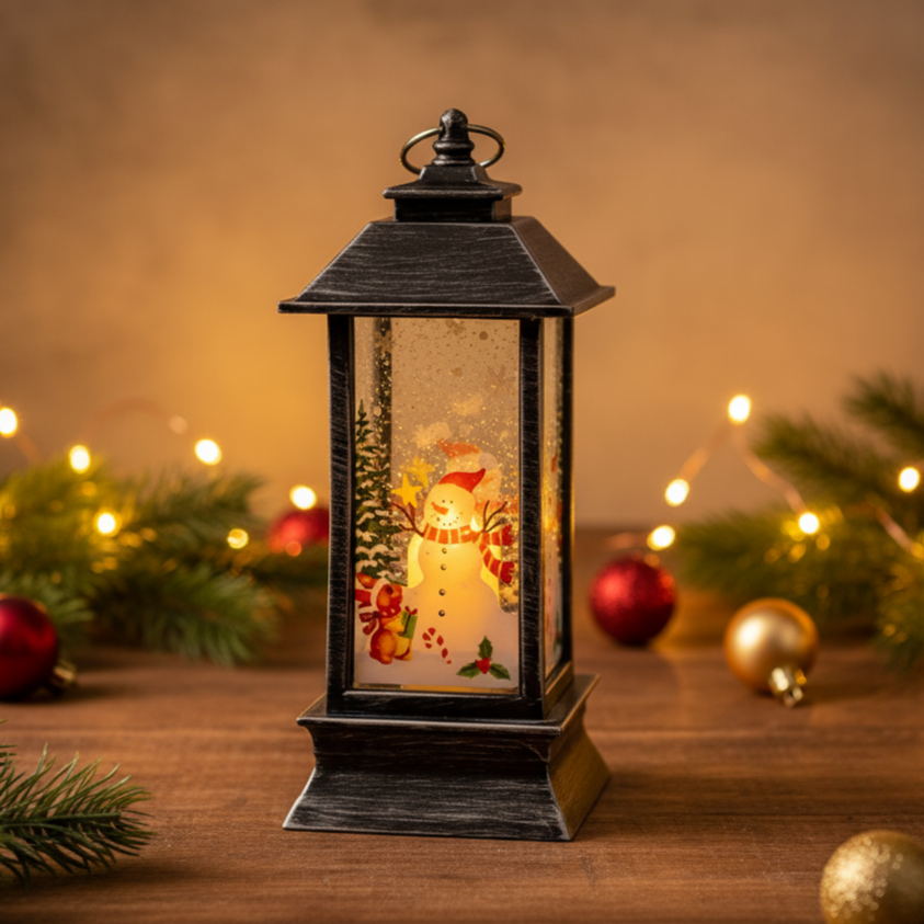 Felinar deorativ de Craciun, Zola, lumina LED calda, Om de zapada, baterie inclusa, 12.5 x 5.3 x 5.3 cm, negru argintiu