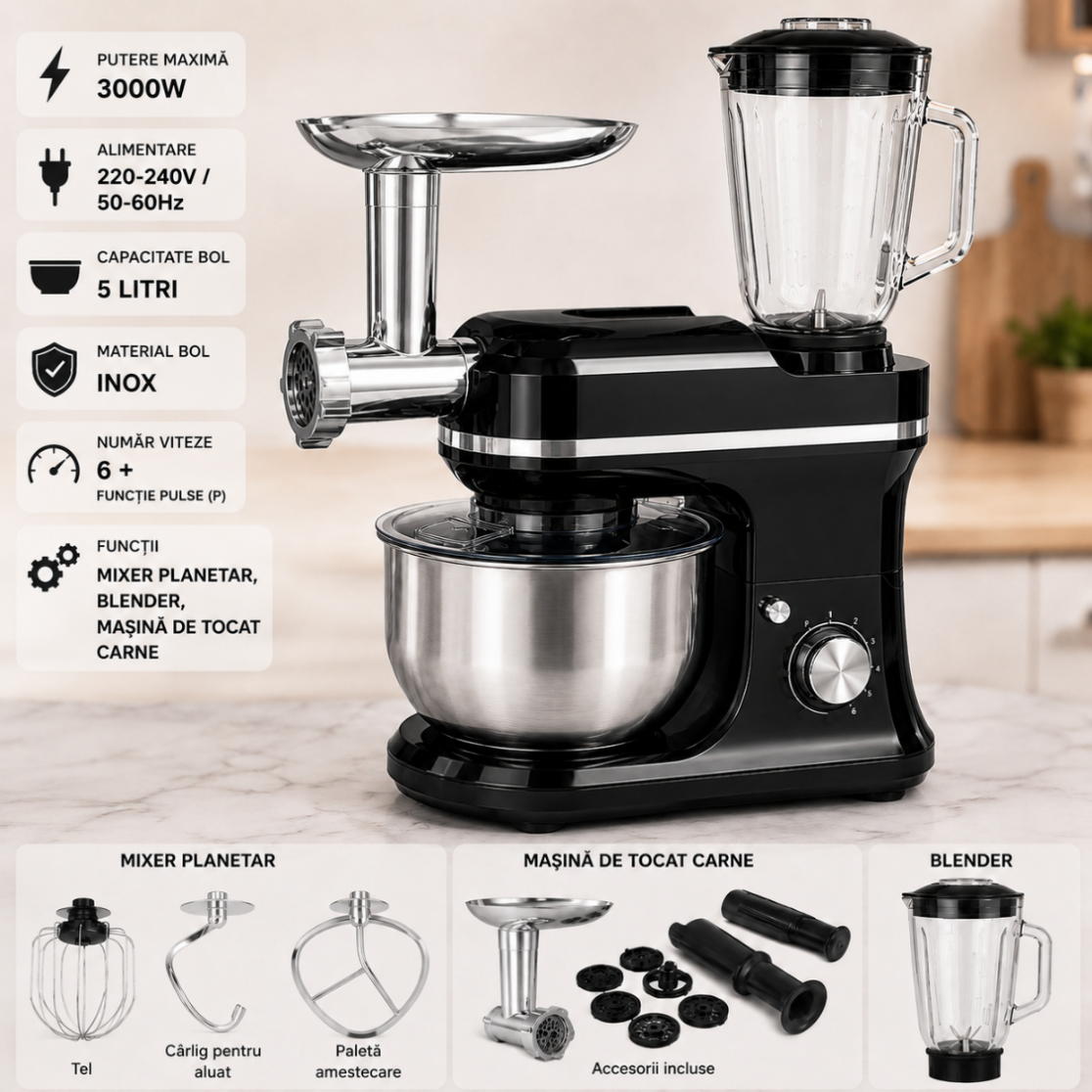 Mixer planetar 3 in 1, Zola, bol inox 5 L, 3000 W, blender si