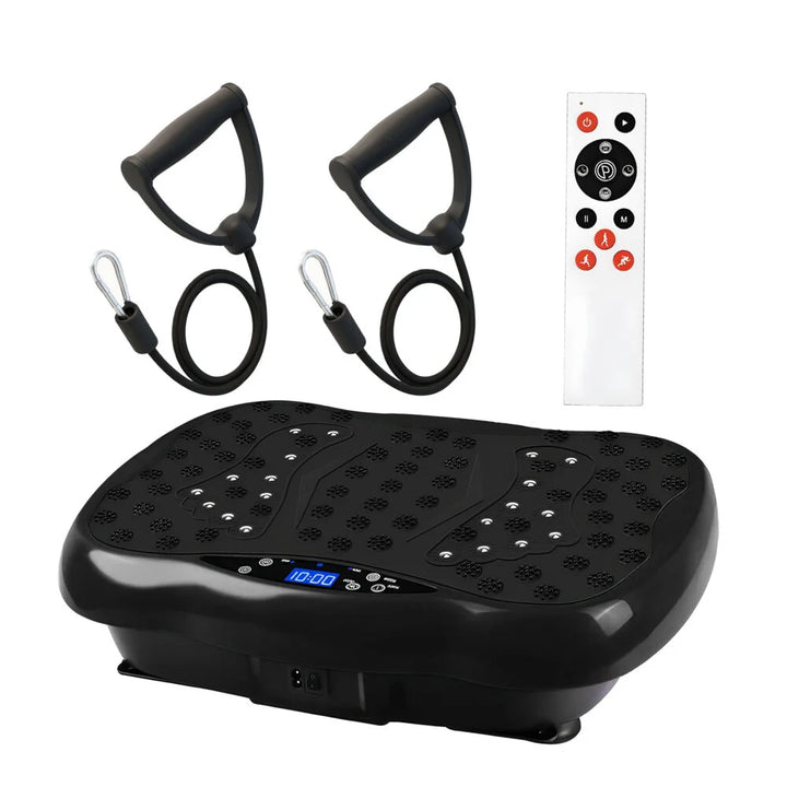 Aparat fitness cu vibromasaj, Zola, 120 niveluri viteza, Bluetooth, telecomanda, 2 extensoare, afisaj LED, 200W, amplitudinea 0.8 mm, neagra