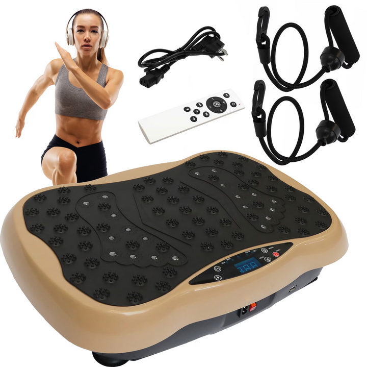 Aparat fitness cu vibromasaj Zola, 120 niveluri viteza, 3 programe, amplitudine 10 mm, ecran tactil, Bluetooth, telecomanda, 200W, suport 150 kg, maro/negru