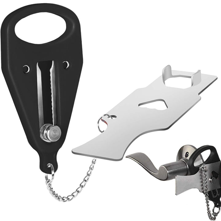 Incuietoare portabila pentru clante, Zola, ideala pentru calatorii,  impedica intrarea neautorizata, 13 x 4 x 1 cm/ 10 x 5.5 x 1 cm, agatatoare, sac depozitare, neagra