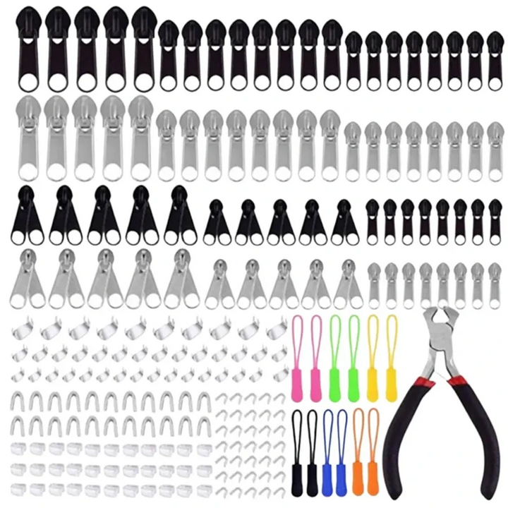 Kit 211 piese de reparart fermoare, Zola, diferite marimi, metalice si de plastic, cleste, multicolor