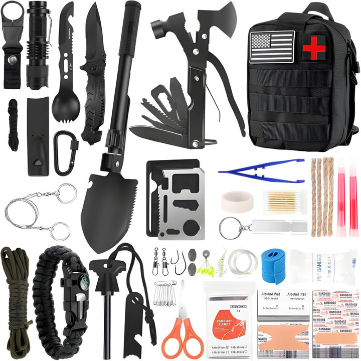 Kit multifunctional de supravietuire 92 in 1 cu rucsac, Zola, pentru camping, pescuit si drumetii, trusa de prim ajutor, set pescuit, aprindere foc, unelte universale