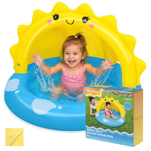 Piscina gonflabila pentru copii, Bestway Sunny Days, cu acoperis, 26 L,  baza moale, 101 x 97 cm, albastru/galben