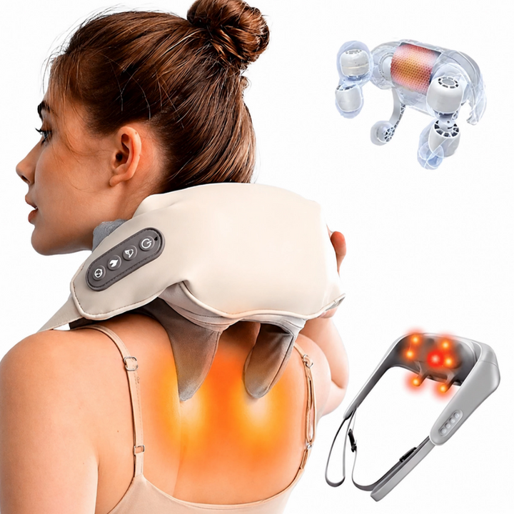 Aparat de masaj cervical cu incalzire, Zola, 3D Shiatsu, 6 capete pentru masaj intens, 40-45°C, acumulator 1500 mAh, incarcare USB
