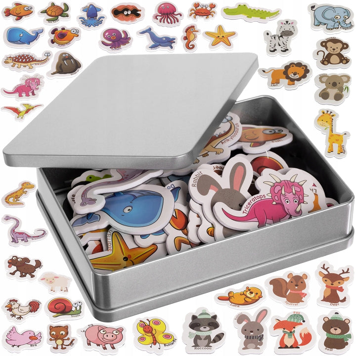 Set magneti pentru frigider, Zola®, cu animale si cutie magnetica pentru depozitarea