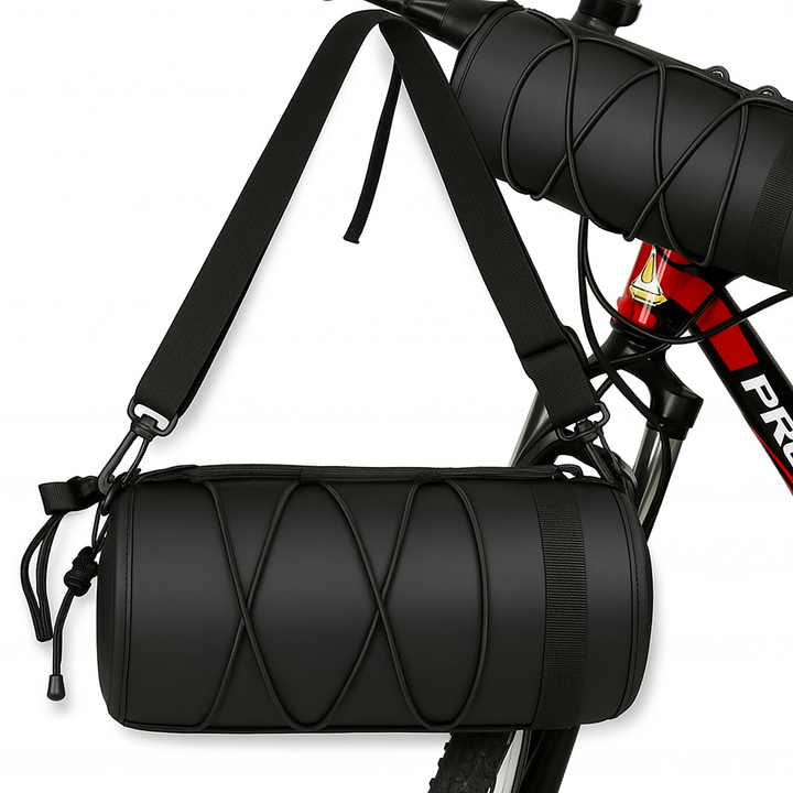 Geanta multifunctionala pentru bicicleta, Zola, montare curele velcro ghidon/cadru/spate, curea umar reglabila, inchidere fermoar, impermeabila, poliester, 24 x 10 cm, neagra