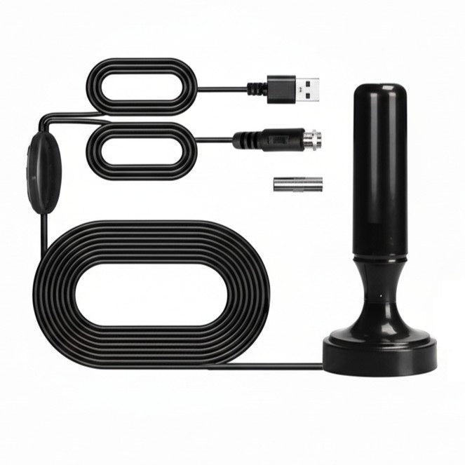 Antena TV DVB de interior, Zola, cu amplificator semnal, conector IEC RG-59, receptie 360, baza magnetica, alimentare USB, neagra