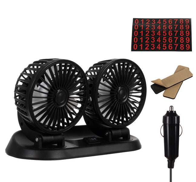 Ventilator auto dublu aer rece , Zola, autocolante  pentru numer, 12 V, reglarea unghiului de inclinare 180 °, lungime cablu 1.2 m, incarcare bricheta, 2 moduri de viteza, rotire 360°, negru, 14.5 x 1