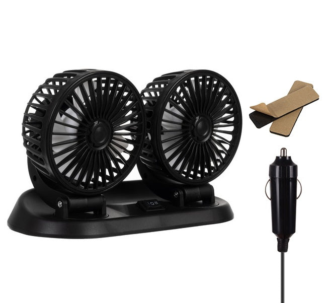 Ventilator auto dublu aer rece, Zola, 12 V, reglarea unghiului de inclinare 180 °, lungime cablu 1.2 m, incarcare bricheta, 2 moduri de viteza, rotire 360°, negru, 14.5 x 1