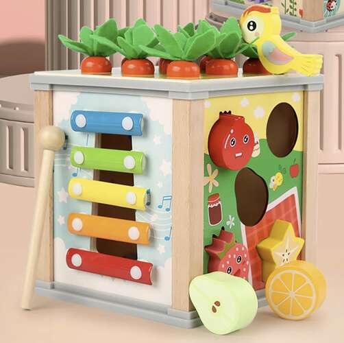 Cub educativ montessori, Zola®, motricitate, 6 in 1,cu activitati care dezvolta inteligenta copilului, lemn, culori placute, 16 x 15.5 x 15.5 cm