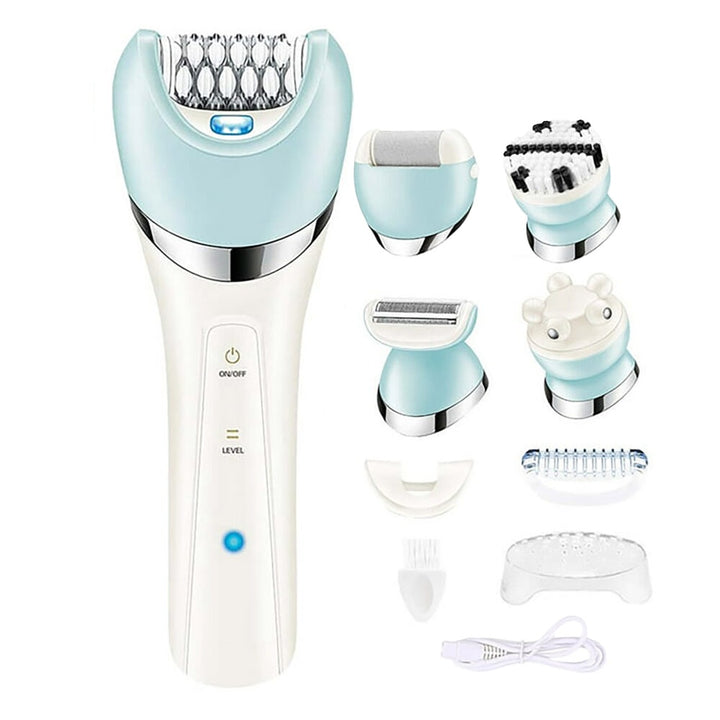 Aparat 5 in 1 pentru ingrijire corporala, Zola, 5 capete interschimbabile, epilare, trimmer, curatare, exfoliere si masaj, rezistent la apa, utilizare uscata si umeda, reincarcabil, cablu USB inclus, 16 x 6 x 4.5 cm, alb