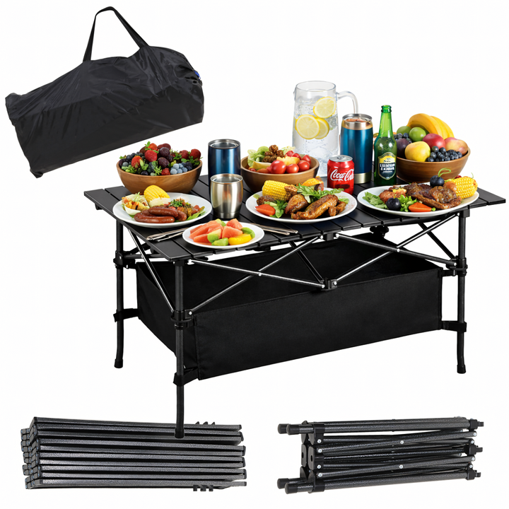 Masa de camping pliabila, Zola, 95 x 50 x 55 cm, impermeabila, cu geanta transport, cadru metalic, portabila, neagra