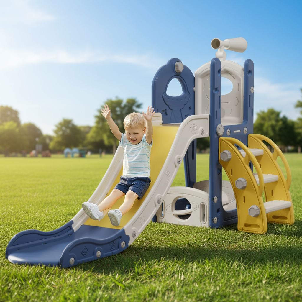 Tobogan2 în 1 pentru copii cu cos de bashet si telescop, Zola, 155x62x94 cm, pentru exterior/interior, scara, lungime 165 cm, plastic PE, dimensiuni totale, galben/albastrtu