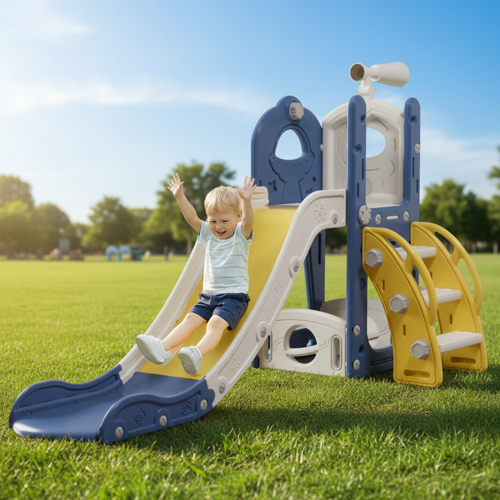 Tobogan2 în 1 pentru copii cu cos de bashet si telescop, Zola, 155x62x94 cm, pentru exterior/interior, scara, lungime 165 cm, plastic PE, dimensiuni totale, galben/albastrtu